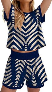 Ensemble 2 pièces pour femmes, short à imprimé géométrique, col rond, manches courtes, coupe ample, tenue d'été décontractée avec poche, longueur au-dessus du genou - Product Image 3
