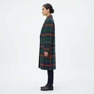 Green Plaid Wool Trench <b>Coat</b> Long Notched Collar Patch Pockets <b>Winter</b> Women's Outerwear Casual Full Sleeve <b>Thick</b> Warm <b>Coat</b> - Product Image 3