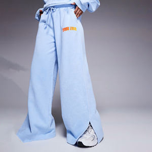 Pantalon de jogging tricoté en molleton bleu clair, très tendance, coupe large, taille haute, avec cordon de serrage, coupe ample, longueur intégrale, décontracté, avec lettres - Product Image 1