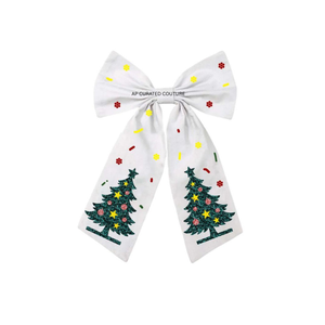 Noeud de cheveux brodé de Noël avec motif gnome et renne, ruban blanc, fait main, accessoire pour femme, pinces à cheveux, nœud perlé - Product Image 5