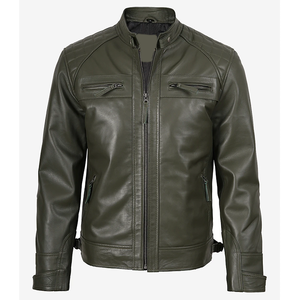 Veste en cuir de vache véritable vert olive pour homme, édition limitée, avec col montant, fermeture éclair, coupe ajustée, coupe-vent - Product Image 5