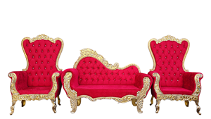 Royal Red Velvet Wedding Throne <b>Sofa</b> Set with High Back Throne Chairs in <b>gold</b> metal polish for Bride and Groom Stage Seating - Product Image 2