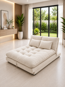 โซฟาเบดสีเบจทันสมัย โซฟาผ้า Smile พร้อมเบาะนุ่มแบบ Tufted และขาสีดำ รวมหมอนอิง เหมาะสำหรับอพาร์ทเมนต์ โรงแรม และห้องนั่งเล่น - Product Image 2