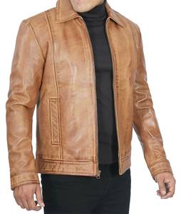 Men's for Brown Leather Jacket High Quality Slim Fit Vintage Style Stand Collar Front Logo Winter Windproof Breathable - Product Image 3