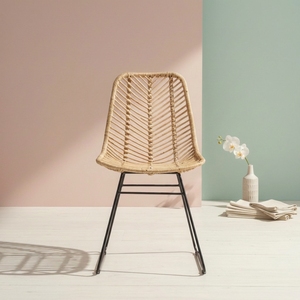 Chaise de salle à manger moderne minimaliste en rotin naturel avec pieds en métal industriel, siège en osier pour café, salon, restaurant, cuisine - Product Image 2