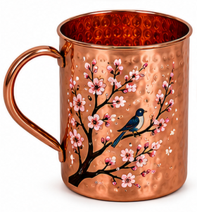 Mug en cuivre martelé fait main avec motif floral émaillé d'art populaire |   Mug décoratif Moscow Mule |   Vaisselle en cuivre vintage Gi - Product Image 5