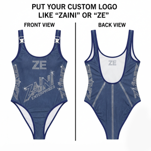 Women Swimsuit Premium 220 GSM Nylon Spandex One Piece Swimwear Blue White Contrast Panels Custom <b>Rhinestone</b> Logo Stretch Fit - Product Image 1