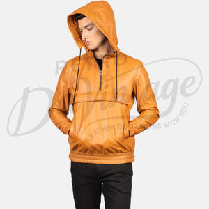 Chaqueta con Capucha de Cuero Genuino Color Camel para Hombre, con Cierre de Cremallera de un Cuarto, Bolsillo Frontal, Cintura Elástica, Estilo Casual Anorak - Product Image 3