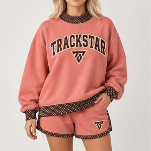 Women's Coral Contrast Polka Trim Mock Neck 2-Piece <b>Shorts</b> <b>Set</b> Custom Casual Sportswear - Product Image 1