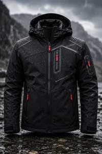 Veste de moto imperméable à capuche pour homme, en PU noir, fermeture éclair, rembourrage épais en polyester, pour l'hiver - Product Image 3