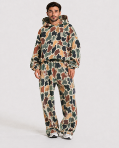 Sweat-shirt à capuche oversize pour homme, imprimé camouflage, avec détails contrastants, style streetwear, coupe ample, en molleton de coton premium, décontracté, OEM - Product Image 3