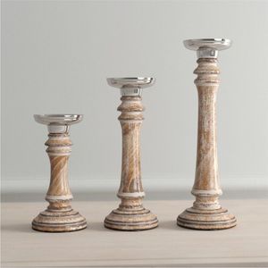 Handmade Mango Wood Pillar Candle Holder <b>Set</b> Rustic Wooden Taper Stick Stands Farmhouse Table Centerpiece Decorative Candlestick - Product Image 6