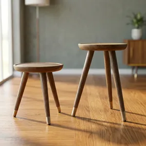 Midcentury Modern Round Wood <b>Nesting</b> Coffee <b>Tables</b> Set of 2 With Metal Leg Caps Natural Finish - Product Image 1