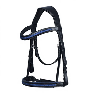 Bridon de cheval en cuir noir de qualité supérieure avec bandeau et bride de nez rembourrés à paillettes bleues - Product Image 1