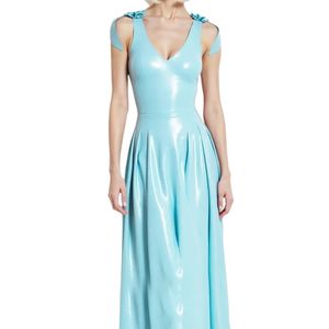Light Blue PU Maxi Dress V-Neck Sleeveless A-Line Pleated Fitted Solid Color Party Wear Summer - Product Image 6