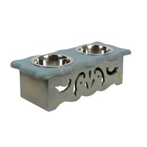Blue Washed Acacia Wood Elevated Stainless Steel Bowls Pet Food & Water Station Dog <b>Feeder</b> & <b>Cat</b> <b>Feeders</b> Raised Bowls & <b>Feeders</b> - Product Image 1
