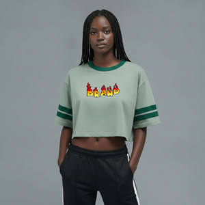 Wholesale Women's Mint Crop Top With Green Trim <b>Flame</b> Logo Print Crew Neck Short Sleeve Loose Fit Casual Spring Summer Wear - Product Image 4