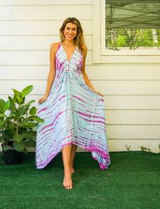 Vestido Maxi Tie Dye de Diseño Novedoso y Moderno, Multicolor con Patrón Sólido, Estilo Lindo, Sin Mangas, de Lino, Cintura Natural, Ideal para Vacaciones - Product Image 4