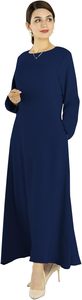 Abaya pour femmes, couleur bleue unie, manches longues, col rond, robe longue modeste avec ensemble foulard noir - Product Image 2