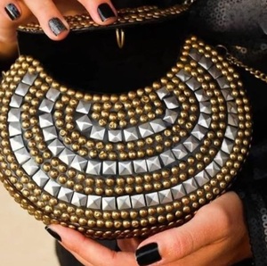 Gold Plated Brass Clutch <b>Bag</b> With Colorful Triangular Pattern And <b>Studs</b> Folk Art Design - Product Image 6