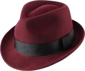 Chapeau Fedora bordeaux avec bande de ruban noir, unisexe, en laine, style formel, taille adulte 56-58 cm, pour toutes les saisons, tenue décontractée - Product Image 1