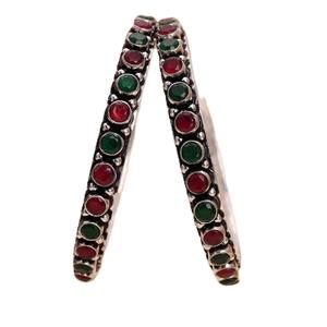 Antique Silver Plated Brass Ethnic Bangle with Bezel Setting Artificial <b>Red</b> Green Stones for Women Engagement Gift - Product Image 2