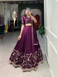 Wine Faux Vichitra <b>Silk</b> Embroidered Sequins Lehenga Wedding Wear - Product Image 5