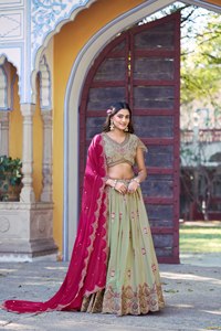 Most Export Designer Bridal Party Wear Glamorous <b>Fabric</b> Lehenga Blouse And Dupatta Jacquard With Zari Lining With Print - Product Image 2