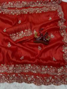 Indian Boutique <b>Red</b> Premium Exclusive Soft Tissue Embossed Saree Traditional Indian Bridal Wear Wedding Prom Party Wear Women - Product Image 6
