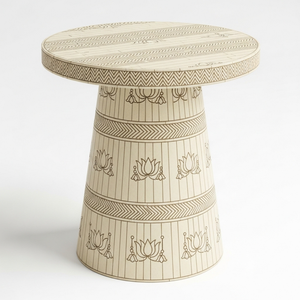 Table d'appoint ronde artisanale en os incrusté – Table d'appoint motif lotus ivoire, tabouret décoratif de luxe pour salon et chambre - Product Image 1