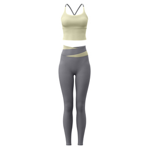 Ensemble de yoga 2 pièces pour femme, haut court et bas taille mi-haute élastique, jaune/gris, sans couture, respirant, en Spandex/Polyester, longueur intégrale - Product Image 2