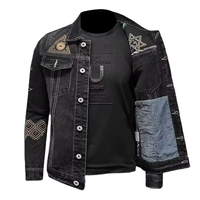 Blouson moto en jean noir pour homme, confortable, brodé, motif uni, coupe ajustée, col rabattu, style hiver