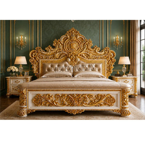 Antique Queen Bedroom Furniture Set with Golden Carvings With Dressor Majestic King Size Golden Wooden Bed with Tufted Headboard - Product Image 1