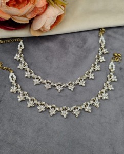 Paire de chevillères Payal ethniques délicates, florales et serties de pierres précieuses, légères, de créateur, style Ghungroo, pour la vente en gros, collections de bijoux de pied - Product Image 5