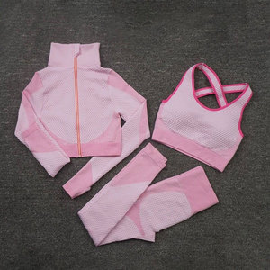 Pink 3 Piece Yoga Set Turtleneck <b>Jacket</b> Crisscross Sports Bra High Waist Leggings Breathable Mesh Seamless <b>Workout</b> Wear - Product Image 1