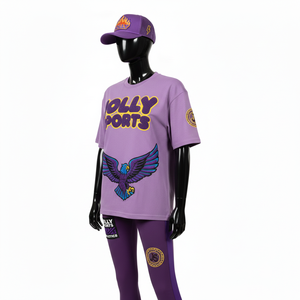 Ensemble sportif pour femme, t-shirt en coton premium 200 GSM et legging en polyester et élasthanne, logo aigle imprimé par transfert thermique DTF violet, personnalisable. - Product Image 5