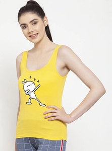 Débardeur jaune pour femme à imprimé dessin animé, col rond, sans manches, décontracté, 100 % coton tricoté, respirant, avec logo frontal - Product Image 6