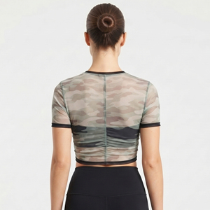 Women Camo Print Crop <b>Top</b> Short Sleeve O-Neck Sporty Mesh Knitted 100% Polyester Breathable See Through Sexy Crop <b>Top</b> Women's - Product Image 3