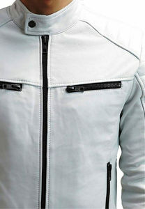 Chaqueta de cuero personalizada de alta calidad para hombre y mujer, clásica, blanca, de otoño e invierno, con cremallera y bolsillos, para motocicleta y ciclismo. - Product Image 2