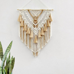 Tapisserie murale en macramé style bohème, en corde de coton, avec pompons géométriques, décoration murale pour chambre à coucher, salon, chambre d'enfant, 18 x 30 pouces, beige - Product Image 2