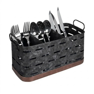 Rustic Farmhouse Style Galvanized Metal 6-Compartment Cutlery Caddy With Wooden Handle Multipurpose Oval Iron Utensil Holder - Product Image 5
