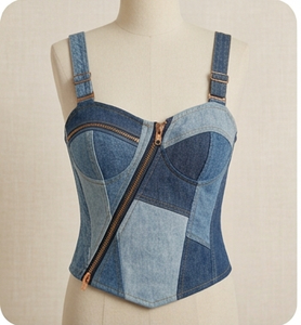 Top Corset de Mezclilla con Parches, Tirantes Finos, Botones al Frente, Ajustado, Estilo Casual para el Día a Día y Estilo Urbano - Product Image 2