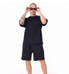Men's Summer Oversized 100% Cotton Satin Shorts <b>Set</b> Black - Product Image 5