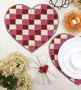 Checkered Heart Beaded <b>Placemat</b> Handmade Valentine Table Mat <b>Pink</b> Red Dining Decor Romantic Charger Plate - Product Image 6