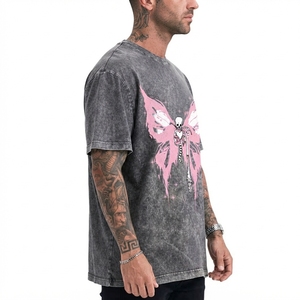 T-shirt vintage délavé à l'acide pour homme, 100 % coton tissé, motif papillon et crâne, manches courtes, col rond, sérigraphie, coupe classique, longueur complète - Product Image 2