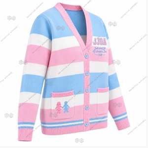 Vente en gros de cardigans tricotés personnalisés Jack and Jill of America JJOA pour femmes, manches longues, col en V profond, rayé rose et bleu - Product Image 2