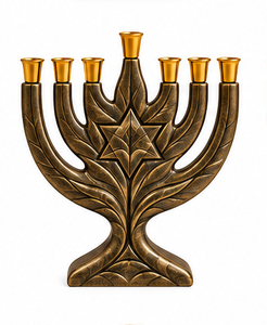 Ménorah en résine et métal de qualité supérieure avec finition effet argenté et ensemble de coupelles dorées pour bougies, pour les célébrations religieuses juives - Product Image 6