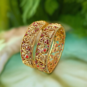 Laxmi Gold Plated <b>Copper</b> Bridal Cuff <b>Bangles</b> with Pearl and Emerald Cut Accents - Product Image 2