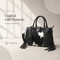 Sac à bandoulière artisanal en cuir de peau de chèvre avec fourrure, couleur Onyx de minuit |   Élégante sacoche occidentale en cuir de vachette à franges pour femme, noir et blanc