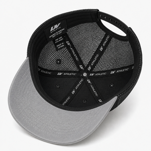 Gorra Trucker Estructurada de 5 Paneles Personalizada al por Mayor, Gorra de Malla Negra y Gris de Perfil Alto con Visera Plana, Logotipo Bordado con Letras - Product Image 2